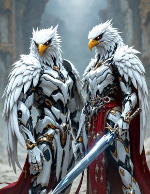 The image features two white bird-like creatures, possibly eagles, standing next to each other. They are wearing armor and holding swords, giving them a warrior-like appearance. The setting appears to be a rocky or stone-like environment, with the two creatures standing in the foreground. The visual style of the image is a combination of digital art and illustration, creating a unique and intriguing scene. The colors and mood of the image are dark and dramatic, with the two war